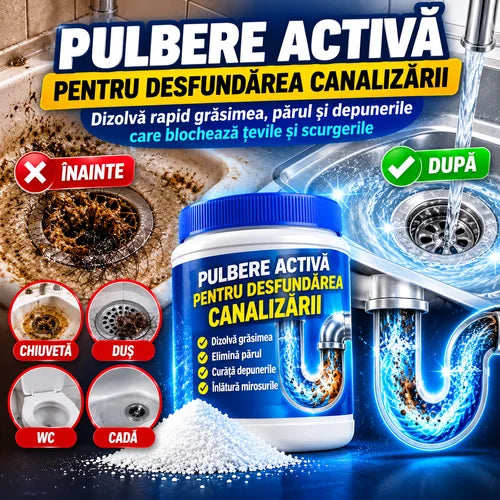 Pulbere Activă pentru Desfundarea Canalizării – Dizolvă rapid grăsimea, părul și depunerile care blochează țevile și scurgerile