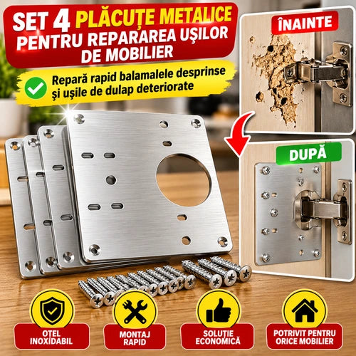 Set 4 Plăcuțe Metalice pentru Repararea Ușilor de Mobilier – Repară rapid balamalele desprinse și ușile de dulap deteriorate